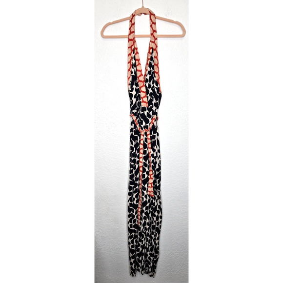 MANGO Womens Jumpsuit Small Black White Printed Halter Wrap Tie Waist Backless - Picture 2 of 13